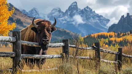 Foto op Plexiglas Tetongebergte Bison in front of Grand Teton Mountain range with grass in foreground, Wildlife Photograph