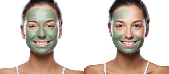 A womans before photo shows a neutral facial expression with a green mask on her forehead, nose, and chin. In the after photo, she is smiling, highlighting her jawline and eyebrows