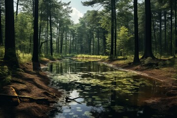 Fototapeta na wymiar Reflective Pond calm forest water. Plant spring. Generate Ai
