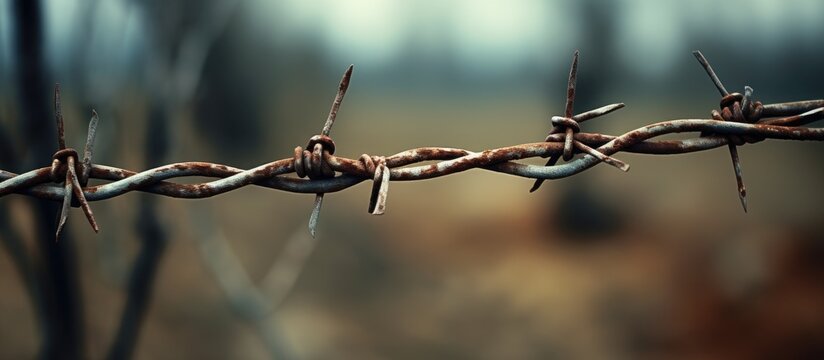 A macro photography shot of a barbed wire fence with trees in the background, showcasing the details of the metal wire fencing intertwined with terrestrial plants and twigs