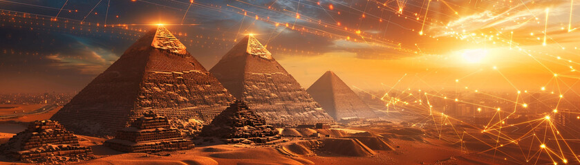 Ancient Egyptian pyramids intertwined with futuristic cybernetic technology