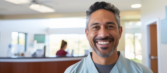 Naklejka premium A man in scrubs is smiling with his ear to ear in a hospital room. He appears pleased and is clearly having fun at the event