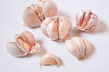 Garlic bulb isolated. Garlic on white background. Purple garlic bulb collection. Set with clipping path.