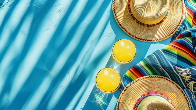 Sunny flat lay scene with traditional Mexican straw hats, colorful cocktails, vibrant serape blanket, evoking the leisure of a tropical vacation or a festive summer fiesta