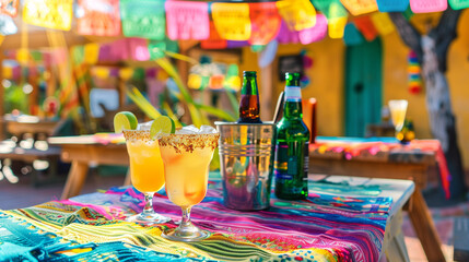 Festive outdoor setting for Cinco de Mayo with colorful margaritas on a vibrant tablecloth, complete with salt-rimmed glasses and lime garnishes, beer bottles, and traditional papel picado banners
