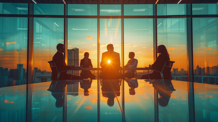 a team of people are meeting at work, in the office with a beautiful view of the sunset
