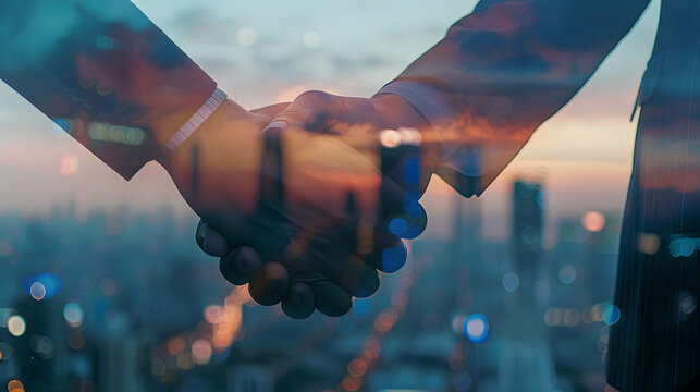 hand of businessman handshake in a silhouette double exposure. in the background is view of city, talk about planning in business and investment