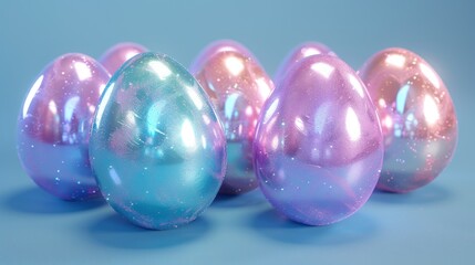 a row of shiny colored eggs sitting on top of a blue surface with white and pink speckles on them.