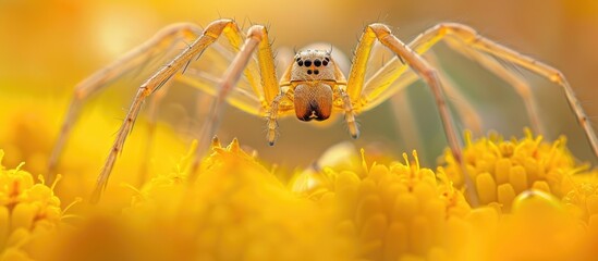 An arthropod, the yellow spider, perches atop a yellow flower as a potential pollinator. This terrestrial animal may prey on pests or insects visiting the plant