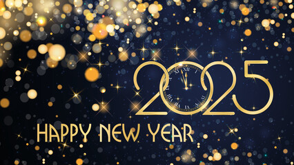 Fototapeta na wymiar card or banner to wish a happy new year 2025 in gold with gold-colored circles and glitter in bokeh effect on a blue background