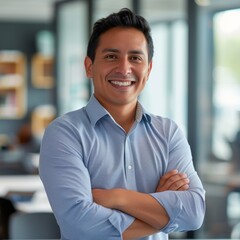Portrait of a Hispanic male businessman 25-35 years in a suit against the background of an office