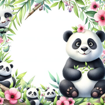 animals. Panda hand painted watercolor illustration blank space center.