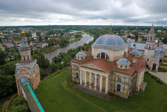View of the Tvertsa River from the bell tower of the ancient Boris and Gleb Monastery. Torzhok. Tver region, Russia