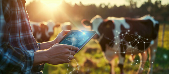 Naklejka premium modern farm with technology concept background. young farmer use tablet in the cow farm