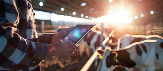 modern farm with technology concept background. young farmer use tablet in the cow farm