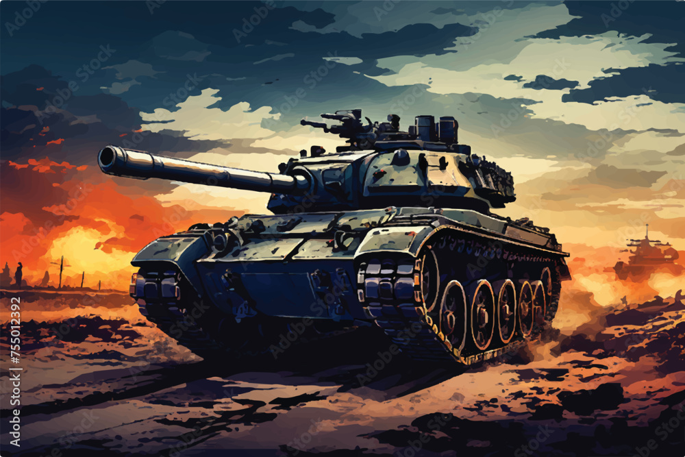 Wall mural An illustration of an Army tank in combat. A scene from a battleground including a military machine tank. A combat tank. Battle-tank. army tank in the military. Armament Car. War machine. Tank. 
 - Wall murals