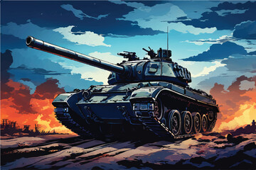 An illustration of an Army tank in combat. A scene from a battleground including a military machine tank. A combat tank. Battle-tank. army tank in the military. Armament Car. War machine. Tank. 
 - obrazy, fototapety, plakaty