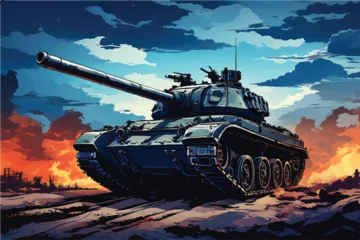 Fotobehang An illustration of an Army tank in combat. A scene from a battleground including a military machine tank. A combat tank. Battle-tank. army tank in the military. Armament Car. War machine. Tank.   © Usama