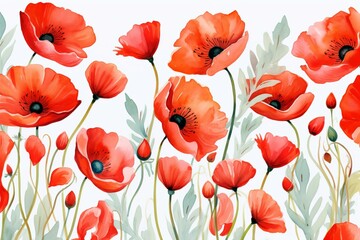 Fototapeta premium Expressive Watercolor poppies illustration. Summer art nature. Generate Ai