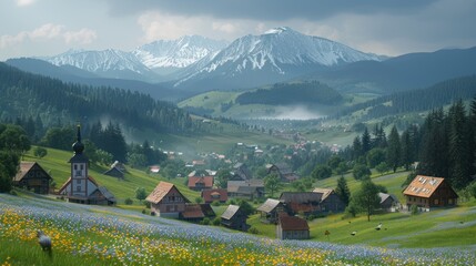 a small village in the middle of a green valley with mountains in the background and a few wildflowers in the foreground.