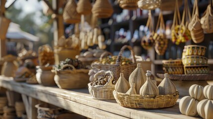 local artisan market with various handmade goods, Handcrafted Wares at Artisan Market Stall, vibrant display of handmade baskets and pottery at a local artisan market, capturing the essence of craftsm