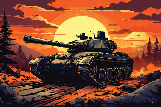 An illustration of an Army tank in combat. A scene from a battleground including a military machine tank. A combat tank. Battle-tank. army tank in the military. Armament Car. War machine. Tank. 
