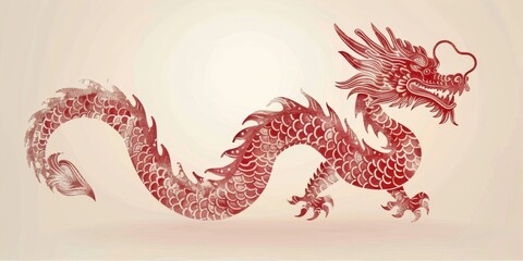 Flat lay chinese red dragon on white background. Modern design Dragon for traditional chinese 2024 year gold new lunar year, celebrative background for chinese new year of drago