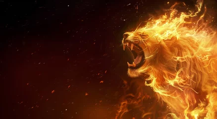 Fotobehang a lion made of flame, fire lion roaring. Flaming lion background as brave concept. Team work emotional image concept banner © PAOLO