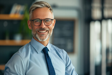 Fototapeta premium A man wearing a blue shirt and a tie is smiling for the camera