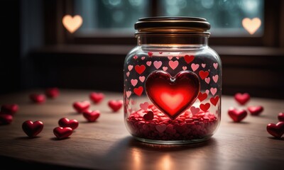 Heart in a glass jar with hearts - obrazy, fototapety, plakaty
