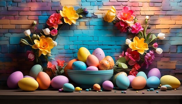 Colorful easter eggs and tulips bouquet on brick wall background