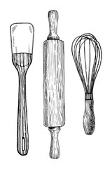 Bakery utensil set, hand drawn sketch, vector illustration  - 755013350