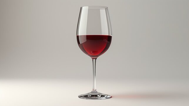 a close up of a wine glass with a liquid inside of it on a white table with a gray background.