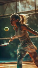 Tennis matches, strong girl tennis player hitting a tennis ball with a racket - obrazy, fototapety, plakaty
