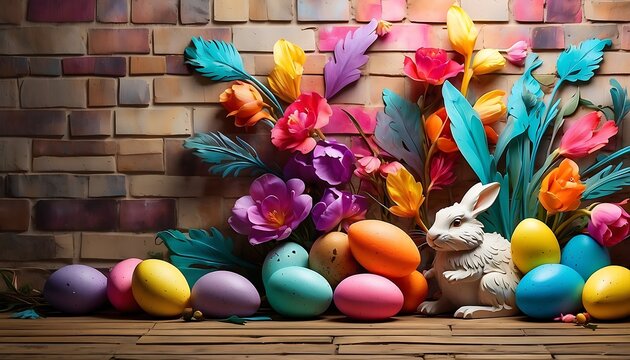 Colorful easter eggs and tulips bouquet on brick wall background