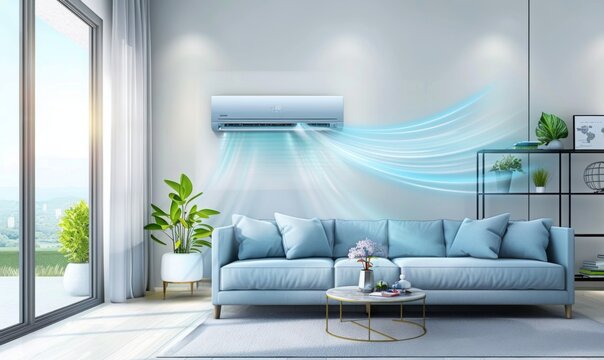 Living room interior, where the air conditioner smoothly cools the room