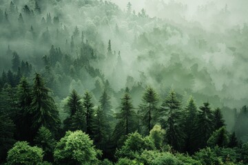 Misty forest landscape, with layers of evergreen trees enveloped in fog