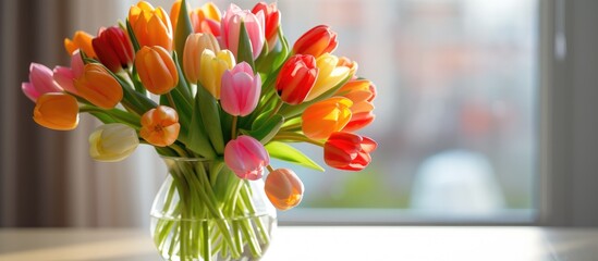 A close-up view of a vase filled with an array of fresh, colorful tulips in full bloom, showcasing a beautiful and vibrant display of natures beauty.