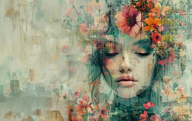 Captivating abstract collage portrays a youthful female amidst a vibrant floral backdrop.