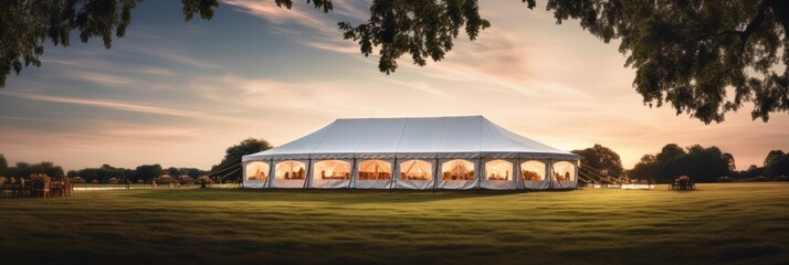 Wedding tent for celebrating a wedding in the summer outdoors, a festive indoor tent decorated with flowers in the evening light, banner - obrazy, fototapety, plakaty