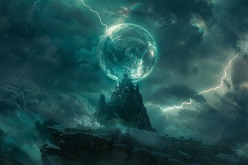 A sorcerer atop his tower reads a prophecy in a crystal ball as lightning cracks the sky. - obrazy, fototapety, plakaty