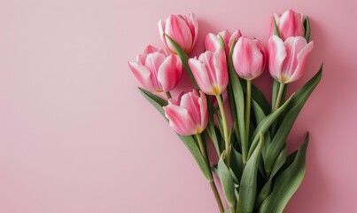 Bouquet of delicate tulips gracefully arranged on a pale pink surface