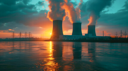 Nuclear power plant with smoke at sunset. - obrazy, fototapety, plakaty