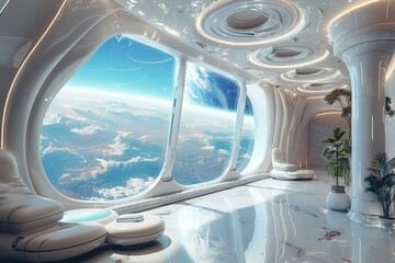 A luxurious space hotel lobby with guests enjoying futuristic amenities and Earth-viewing windows.