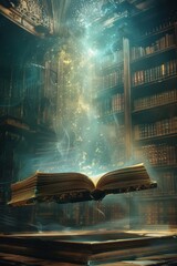 A tome of secrets hovers in a mystical archive, its pages brimming with forgotten lore and prophecies yet to unfold. - obrazy, fototapety, plakaty
