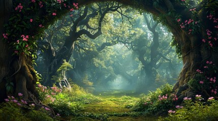 A magical woodland filled with towering trees and lush greenery, painted in vibrant digital hues.