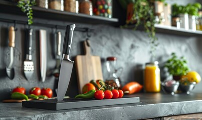Fototapeta na wymiar Kitchen knife on a stylish kitchen countertop or magnetic knife stand