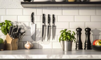 Kitchen knife on a stylish kitchen countertop or magnetic knife stand