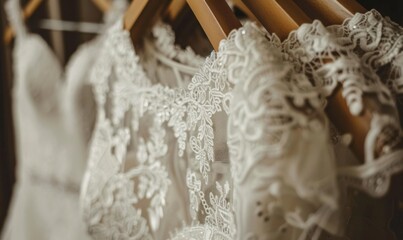Wedding dress with delicate lace sleeves or a dramatic train hanging gracefully on a hanger in a store