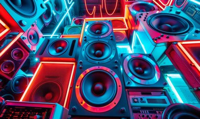 Professional audio system with high-quality speakers flooded with neon lighting